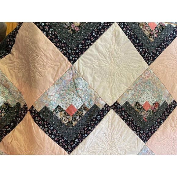 Vtg Handmade Cotton Patchwork Quilt Salmon Multicolor Bedspread- SZ Full - Picture 6 of 8